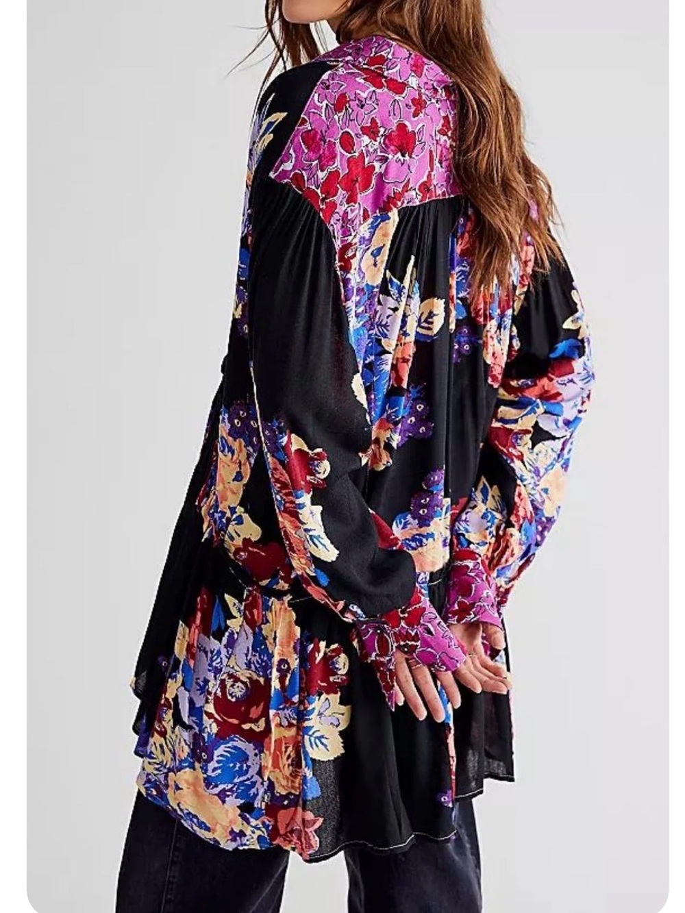 Free People Button Down Tunic Shirt Mini Dress Floral Long Sleeve Boho NEW! M